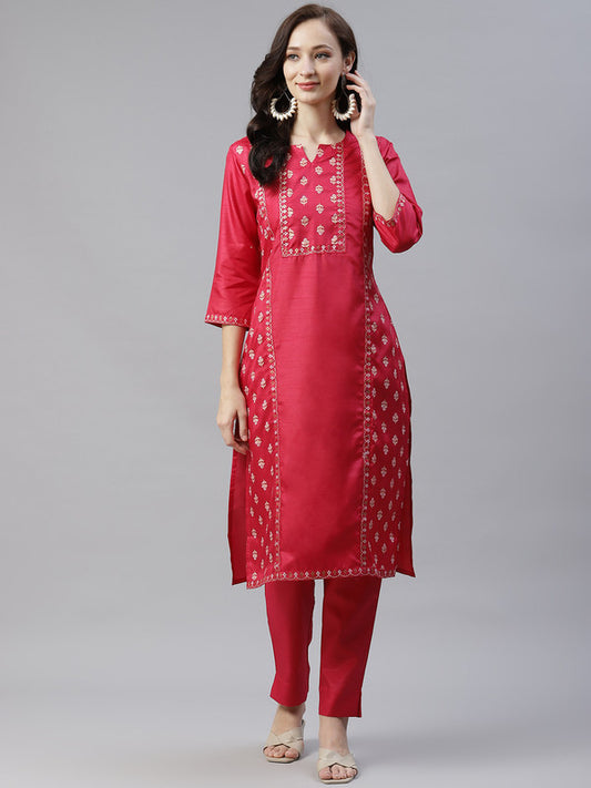 Pink Coloured Poly Silk with Foil Print Round neck 3/4 Sleeves Side Slits Women Designer Casual/Daily wear Straight Kurta!!