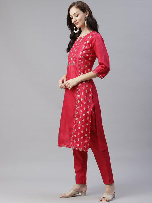 Pink Coloured Poly Silk with Foil Print Round neck 3/4 Sleeves Side Slits Women Designer Casual/Daily wear Straight Kurta with Pant!!