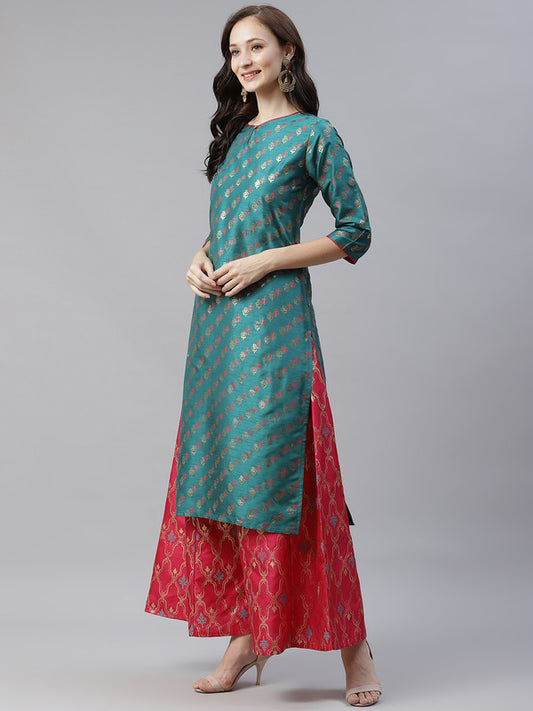 Green Coloured Poly Silk with Foil Print Round neck 3/4 Sleeves Side Slits Women Designer Party/Daily wear Straight Kurta with Pink Palazzo!!