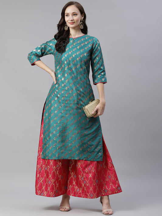 Green Coloured Poly Silk with Foil Print Round neck 3/4 Sleeves Side Slits Women Designer Casual/Daily wear Straight Kurta!!