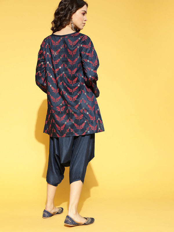 Navy Blue Coloured Poly Silk with Khadi Print Round neck 3/4 Sleeves Women Designer Party/Daily wear Kurta with Dhoti!!