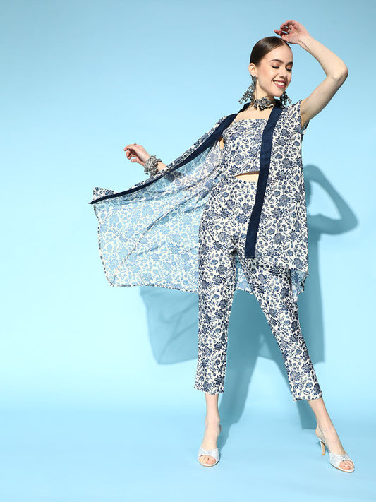 Blue & Off White Coloured Floral Printed Women Designer Party/Daily wear Speghetti Top with shrug & Pant!!