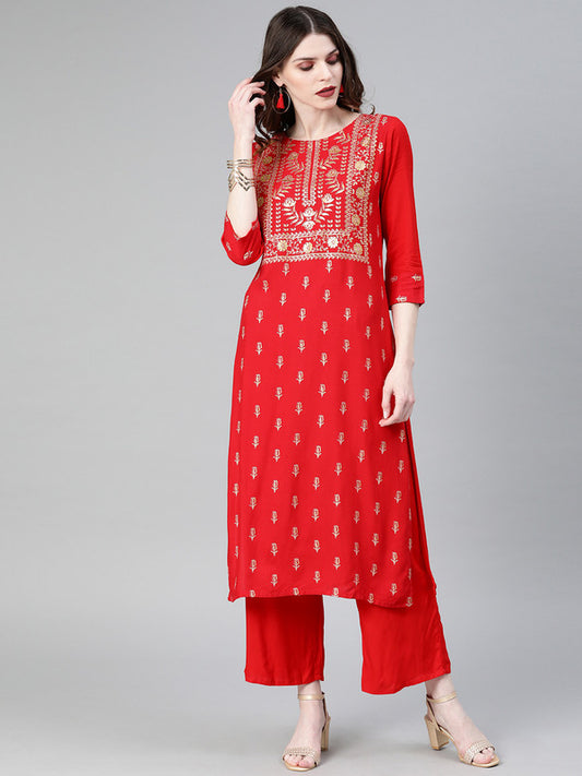 Red Coloured Premium Rayon with Print Round Neck 3/4 Sleeves Women Designer Party/Daily wear Kurta with Palazzo!!