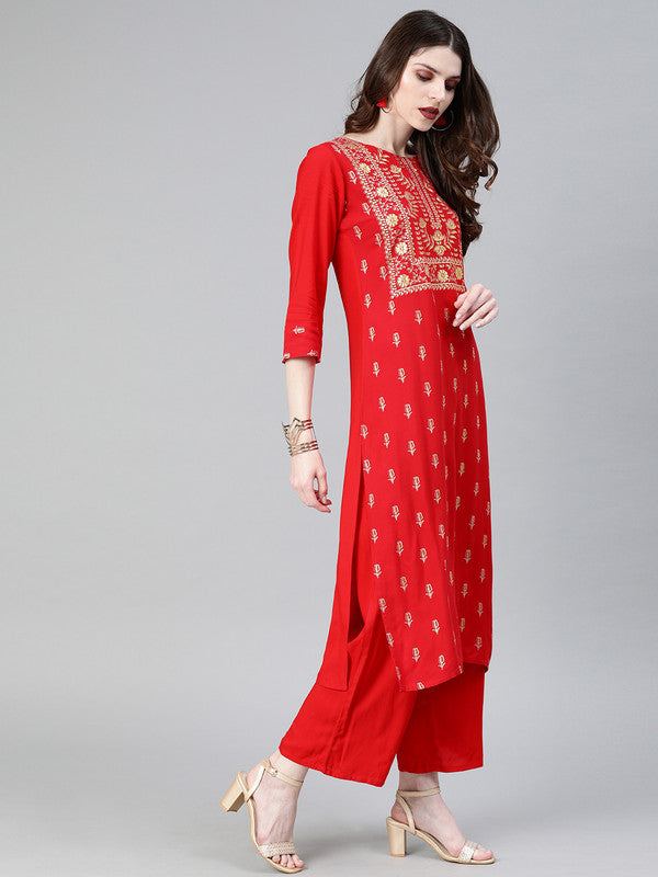 Red Coloured Premium Rayon with Print Round Neck 3/4 Sleeves Women Designer Party/Daily wear Kurta with Palazzo!!