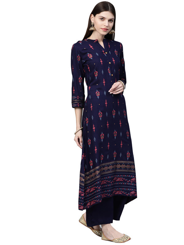 Navy Blue Coloured Premium Rayon with Foil Print Mandarin Collar Neck 3/4 Sleeves Women Designer Party/Daily wear A-Line Kurta with Palazzo!!