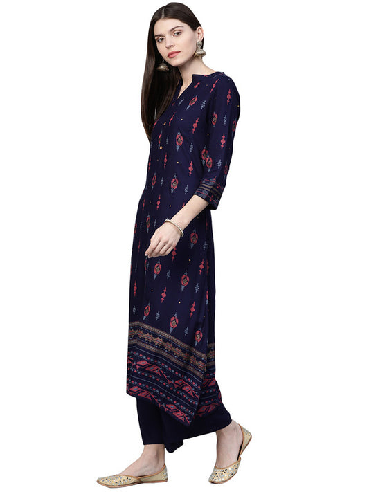 Navy Blue Coloured Premium Rayon with Foil Print Mandarin Collar Neck 3/4 Sleeves Women Designer Party/Daily wear A-Line Kurta with Palazzo!!