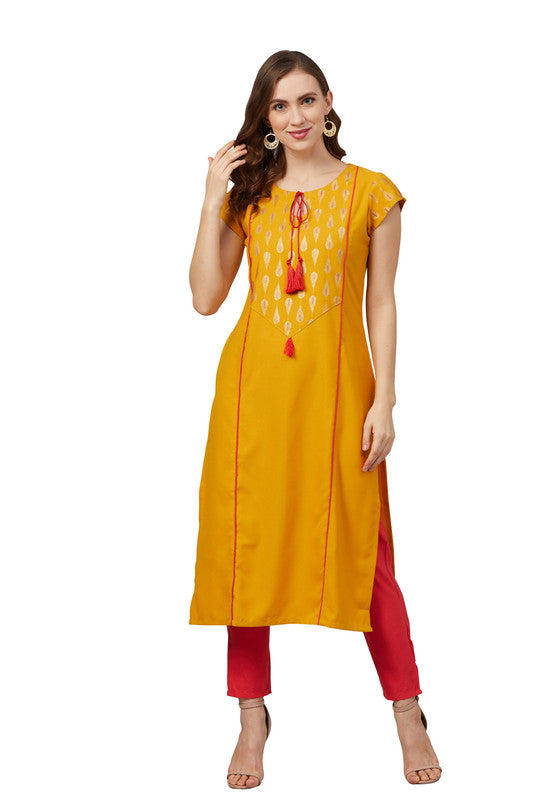 Mustard Coloured Rayon with Gold Foil Printed Yoke Design Side Slits Keyhole Neck Cap Sleeves Women Designer Party/Daily wear Straight Kurta with Pant!!