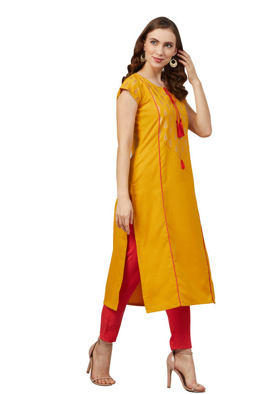 Mustard Coloured Rayon with Gold Foil Printed Yoke Design Side Slits Keyhole Neck Cap Sleeves Women Designer Party/Daily wear Straight Kurta with Pant!!