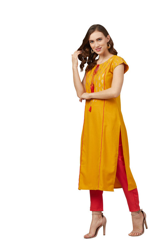 Mustard Coloured Rayon with Gold Foil Printed Yoke Design Side Slits Keyhole Neck Cap Sleeves Women Designer Party/Daily wear Straight Kurta!!