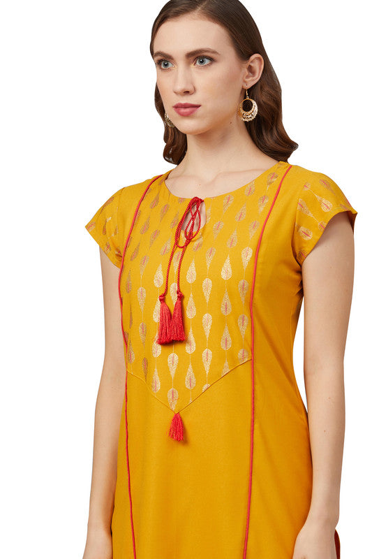 Mustard Coloured Rayon with Gold Foil Printed Yoke Design Side Slits Keyhole Neck Cap Sleeves Women Designer Party/Daily wear Straight Kurta!!