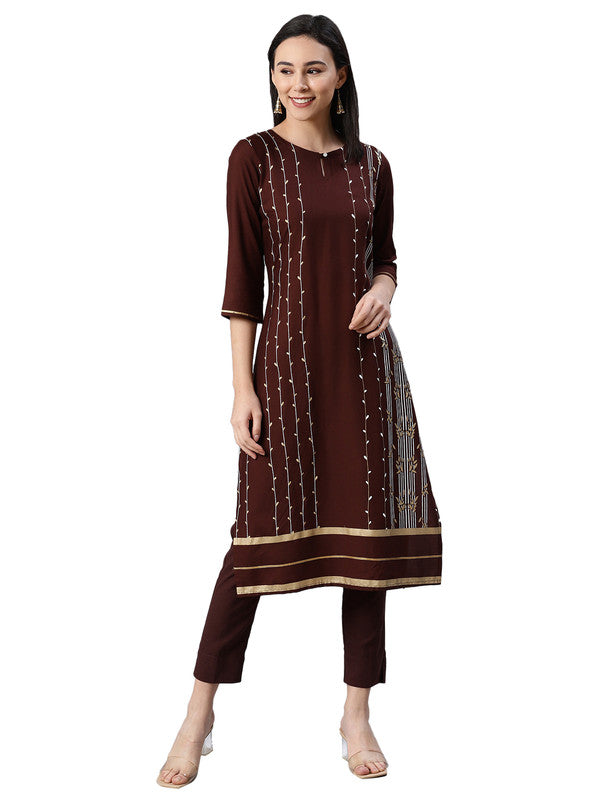 Brown Coloured Premium Rayon with Foil Print Round Neck 3/4 Sleeves side slit Women Designer Party/Daily wear Straight Kurta with Pant!!