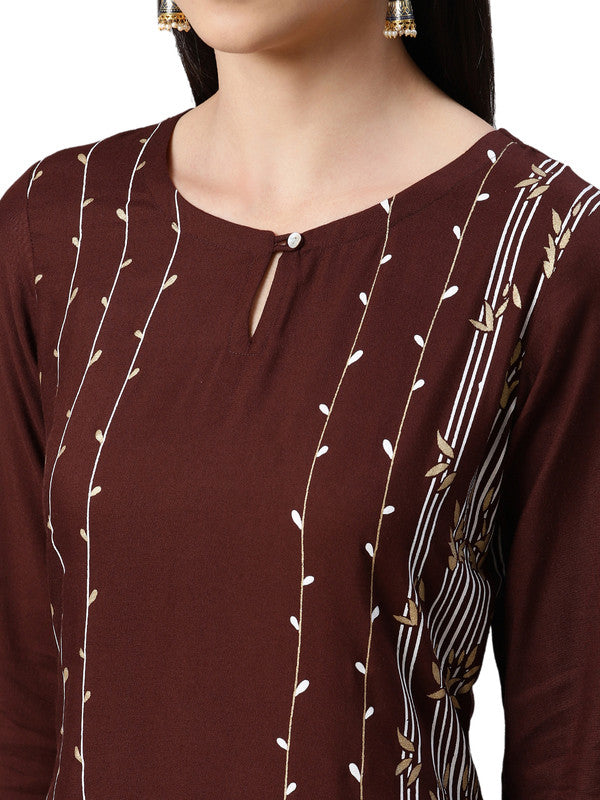 Brown Coloured Premium Rayon with Foil Print Round Neck 3/4 Sleeves side slit Women Designer Party/Daily wear Straight Kurta!!
