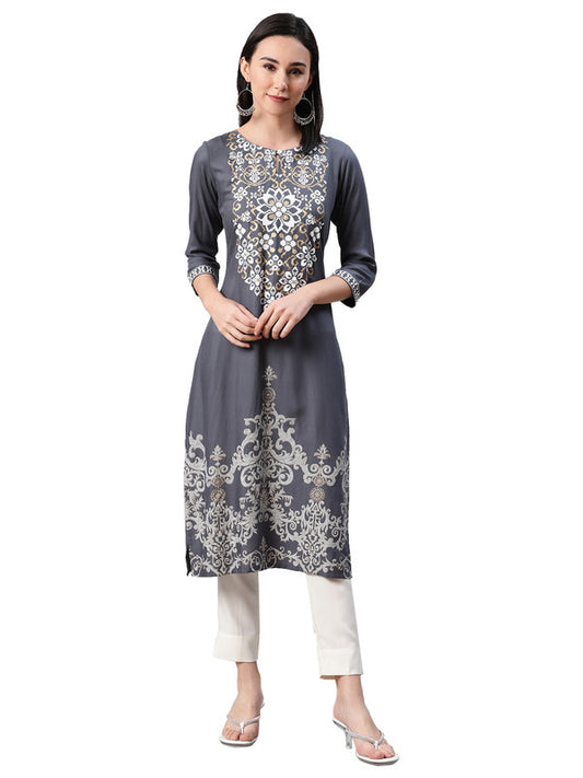 Grey Coloured Premium Rayon with Foil Print Round Neck 3/4 Sleeves side slit Women Designer Party/Daily wear Straight Kurta!!