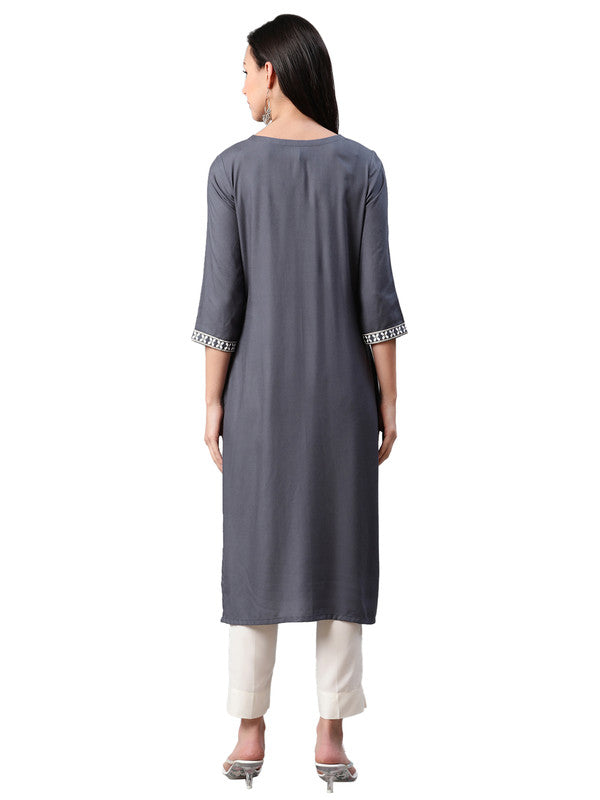 Grey Coloured Premium Rayon with Foil Print Round Neck 3/4 Sleeves side slit Women Designer Party/Daily wear Straight Kurta!!