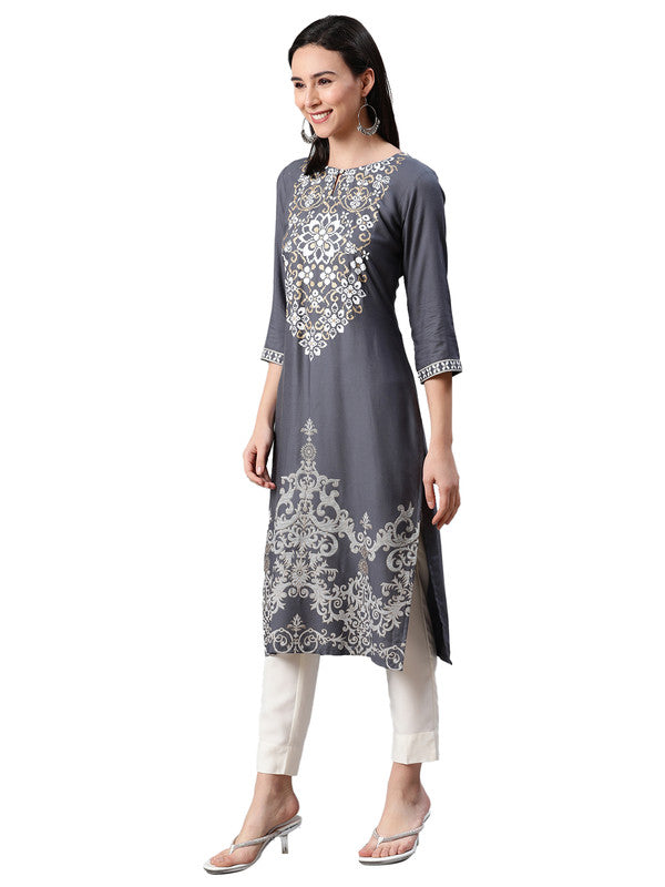 Grey Coloured Premium Rayon with Foil Print Round Neck 3/4 Sleeves side slit Women Designer Party/Daily wear Straight Kurta with Pant!!