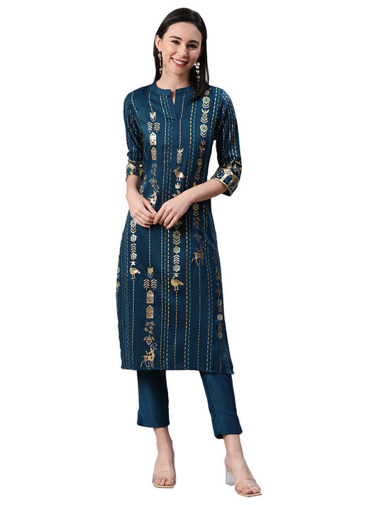 Teal Blue Coloured Premium Rayon with Foil Print mandarin collor 3/4 Sleeves side slit Women Designer Party/Daily wear Straight Kurta!!