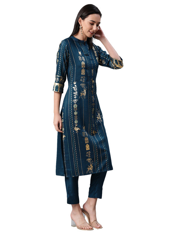 Teal Blue Coloured Premium Rayon with Foil Print mandarin collor 3/4 Sleeves side slit Women Designer Party/Daily wear Straight Kurta with Pant!!