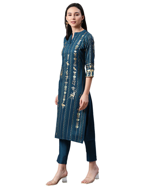 Teal Blue Coloured Premium Rayon with Foil Print mandarin collor 3/4 Sleeves side slit Women Designer Party/Daily wear Straight Kurta with Pant!!