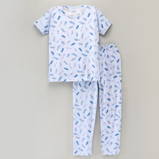 Girls Half Sleeves 100% Cotton Feather Print Comfort wear Set -  Blue!!